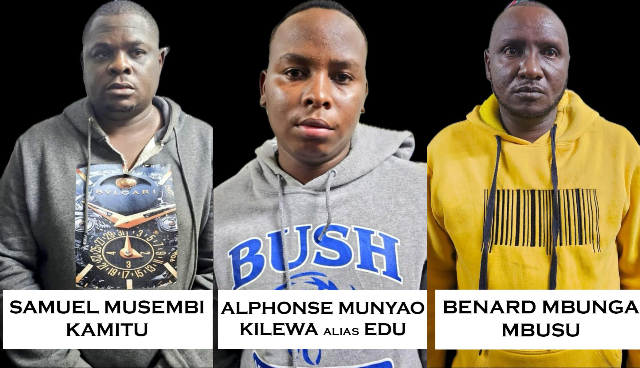 Photo collage of Benard Mbunga Mbusu, Samuel Musembi Kamitu, and Alphonse Munyao Kilewa.